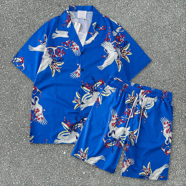 Seaside Beach Casual Crane Short Sleeve Shorts Suit