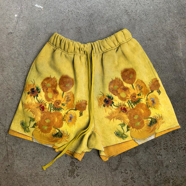 Casual sunflower oil painting shorts men's