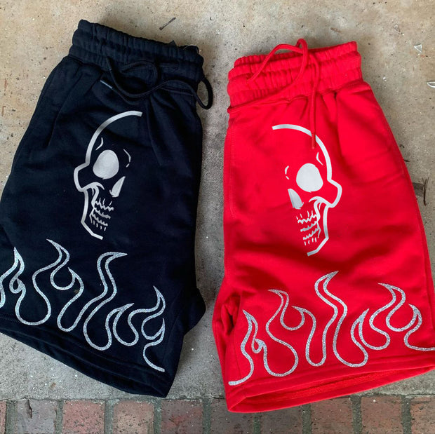 Skull and flame graphic statement street shorts