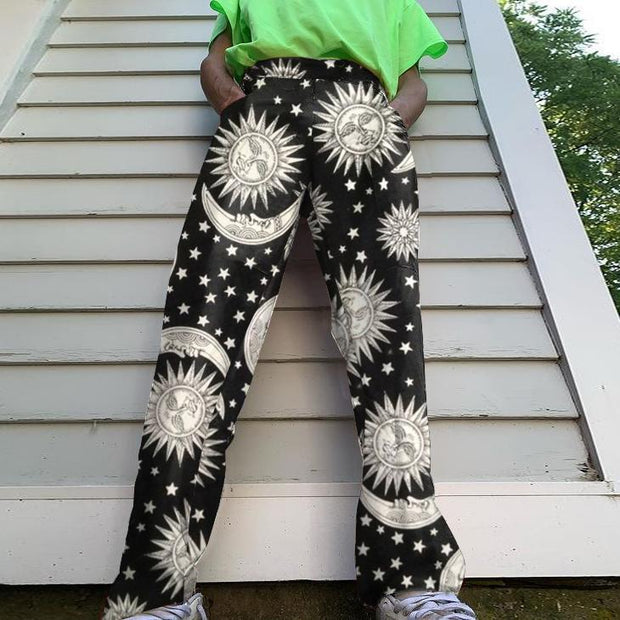 Fashion retro sun print street style trousers