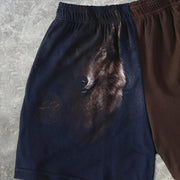 Retro colorblock bear print casual shorts