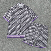 Tide brand casual print striped stand-up collar loose short-sleeved shorts suit