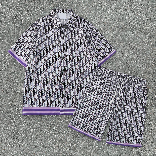 Tide brand casual print striped stand-up collar loose short-sleeved shorts suit