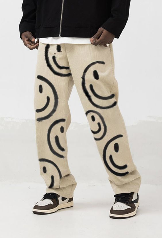 Casual smiley face corduroy printed fashion straight-leg pants