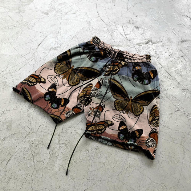 Gradient line butterfly print retro shorts