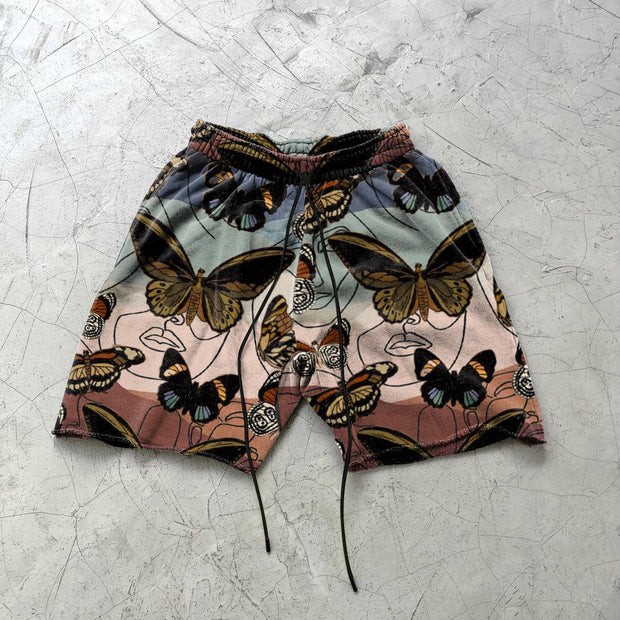 Gradient line butterfly print retro shorts