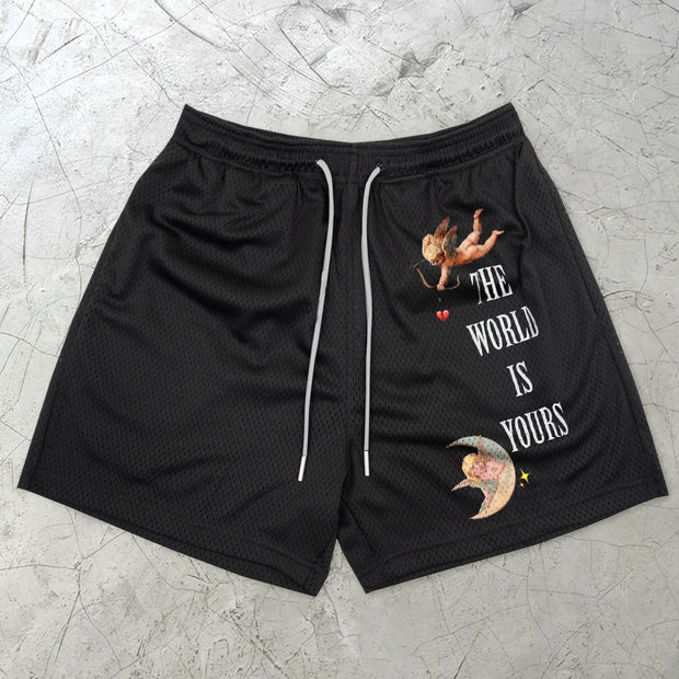 Trendy Angel Print Street Mesh Shorts