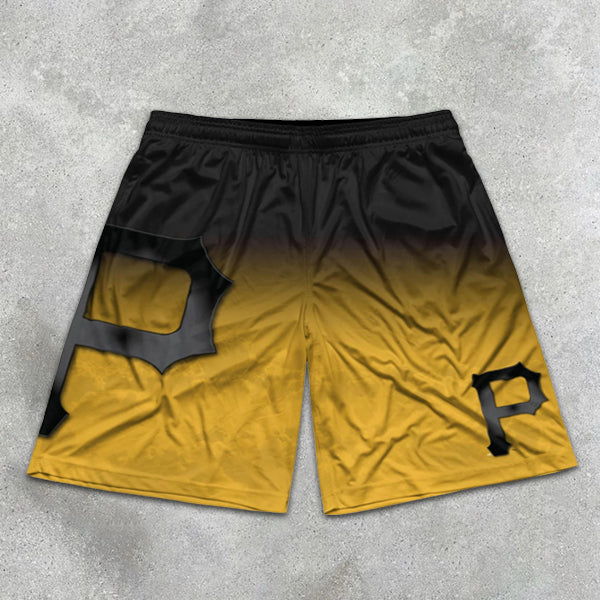 P graphic print gradient elastic shorts