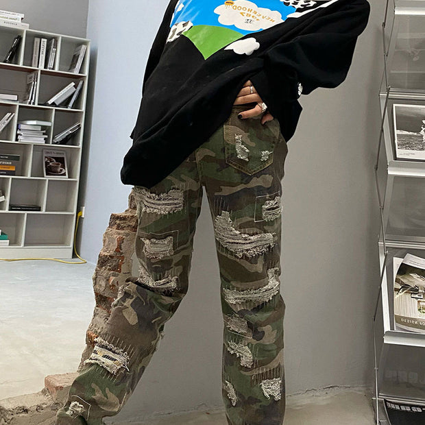 High street camouflage destruction design overalls street hole old washed loose straight denim trousers tide