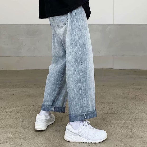 Jeans Men's Trendy Brand Hong Kong Style Loose Casual Daddy Wide Leg Pants Men's Korean Trend Striped Straight Pants