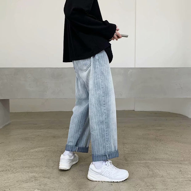 Jeans Men's Trendy Brand Hong Kong Style Loose Casual Daddy Wide Leg Pants Men's Korean Trend Striped Straight Pants