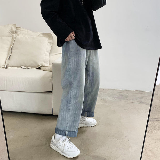 Jeans Men's Trendy Brand Hong Kong Style Loose Casual Daddy Wide Leg Pants Men's Korean Trend Striped Straight Pants