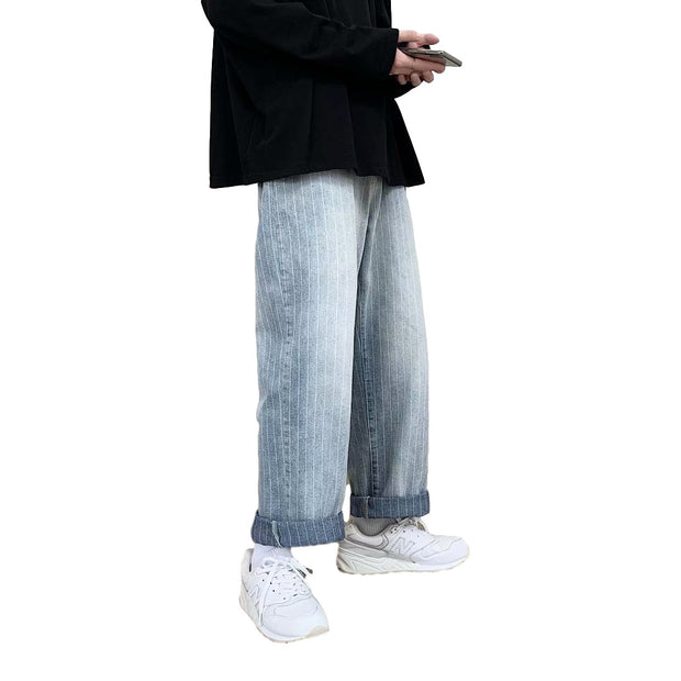 Jeans Men's Trendy Brand Hong Kong Style Loose Casual Daddy Wide Leg Pants Men's Korean Trend Striped Straight Pants