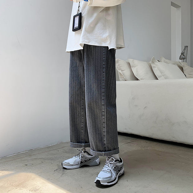Jeans Men's Trendy Brand Hong Kong Style Loose Casual Daddy Wide Leg Pants Men's Korean Trend Striped Straight Pants