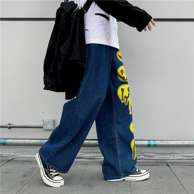 Smiley fashion print street style denim trousers