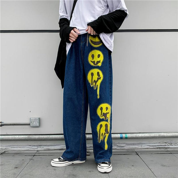 Smiley fashion print street style denim trousers