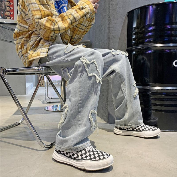 Hip-hop jeans men's love all-match loose straight mopping the floor old high street long pants