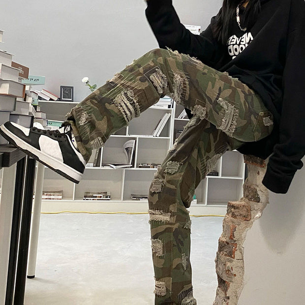 High street camouflage destruction design overalls street hole old washed loose straight denim trousers tide