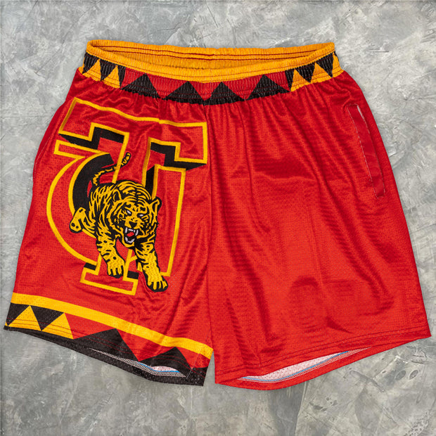 Red tiger print track shorts