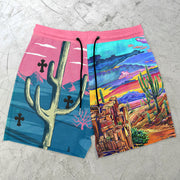 Fashion Cactus Print Mesh Shorts