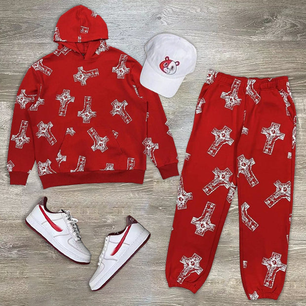 Fashion personality cross print long-sleeved hoodie casual pants suit