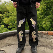 Vintage print loose black cow jeans
