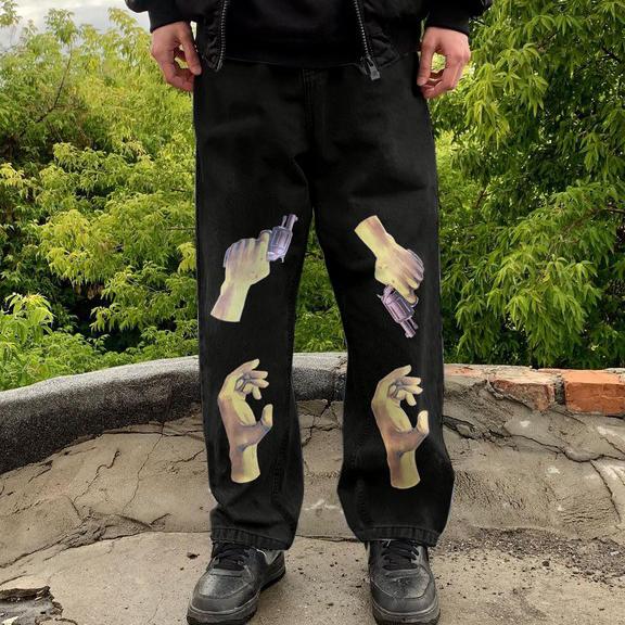 Vintage print loose black cow jeans