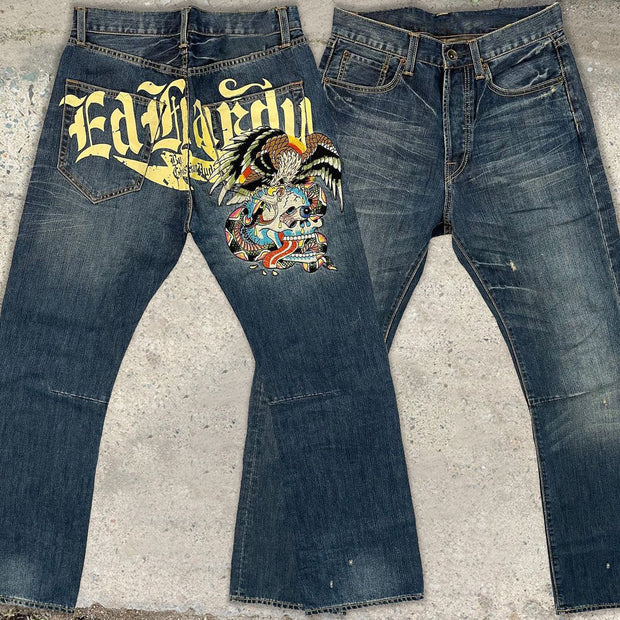 Casual western cowboy bald eagle skull jeans