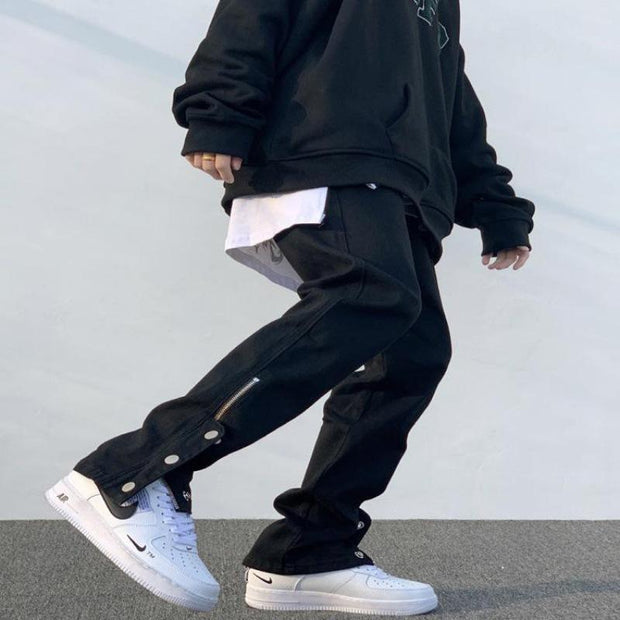 High street black breasted casual pants tooling function design sense hiphop zipper slit retro trousers men