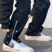 High street black breasted casual pants tooling function design sense hiphop zipper slit retro trousers men
