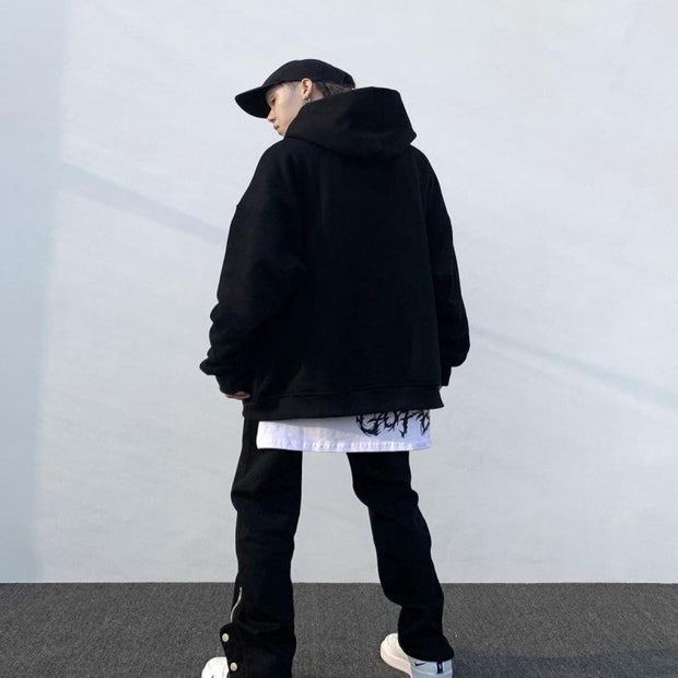High street black breasted casual pants tooling function design sense hiphop zipper slit retro trousers men