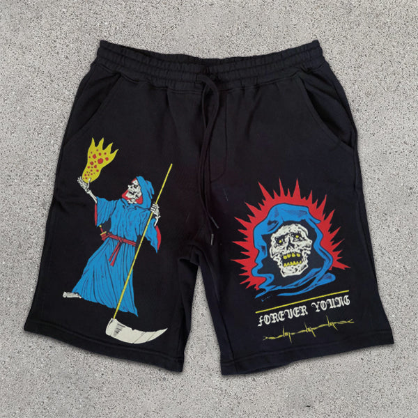 Skull Graphic Print Drawstring Shorts