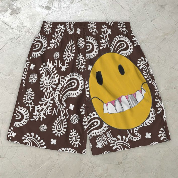 Personalized street style cashew flower print smiley casual shorts