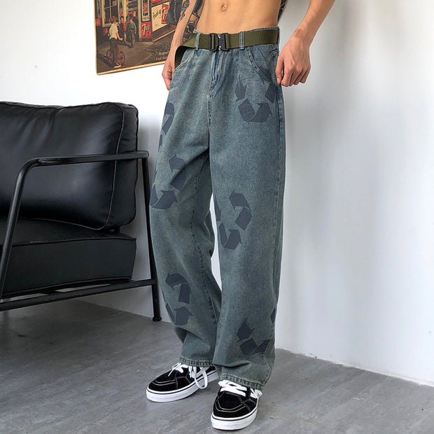 Retro loose graffiti print jeans loose straight wash trousers