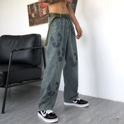 Retro loose graffiti print jeans loose straight wash trousers
