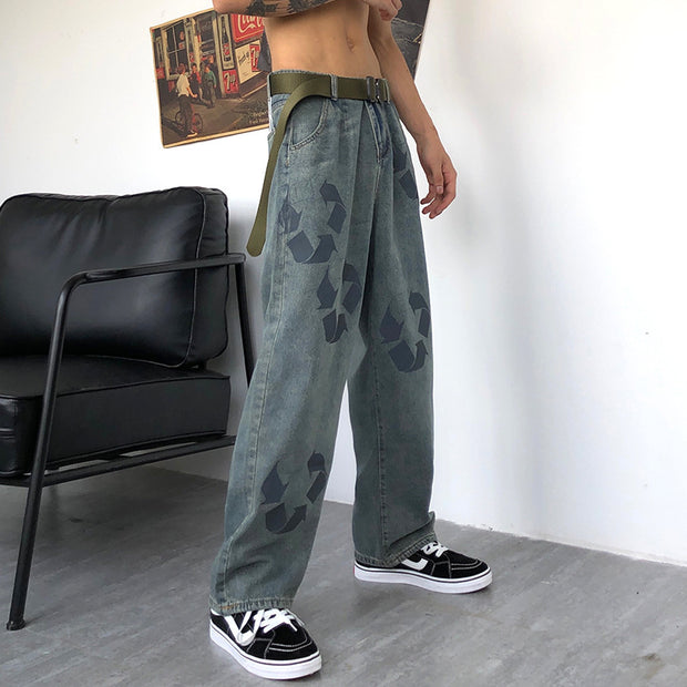Retro loose graffiti print jeans loose straight wash trousers