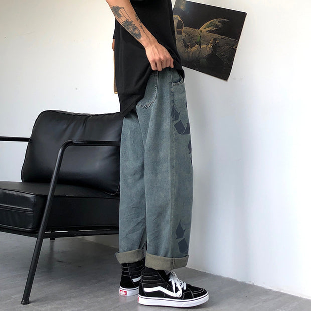 Retro loose graffiti print jeans loose straight wash trousers