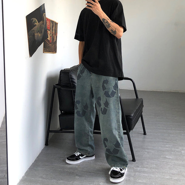 Retro loose graffiti print jeans loose straight wash trousers