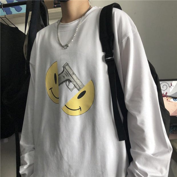 Retro smiley pistol print loose long sleeve T-shirt
