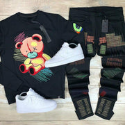 Casual printed sweater and trousers suit