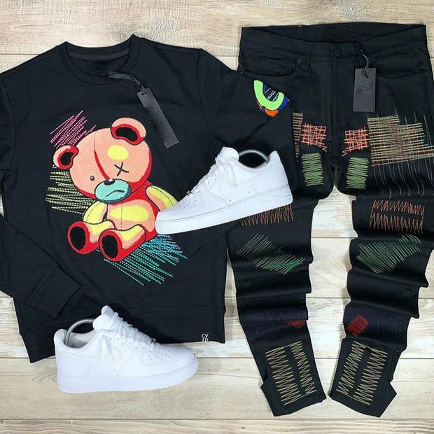 Casual printed sweater and trousers suit
