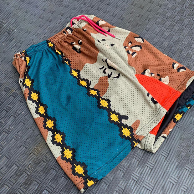Contrast Print Retro Hip Hop Street Mesh Shorts