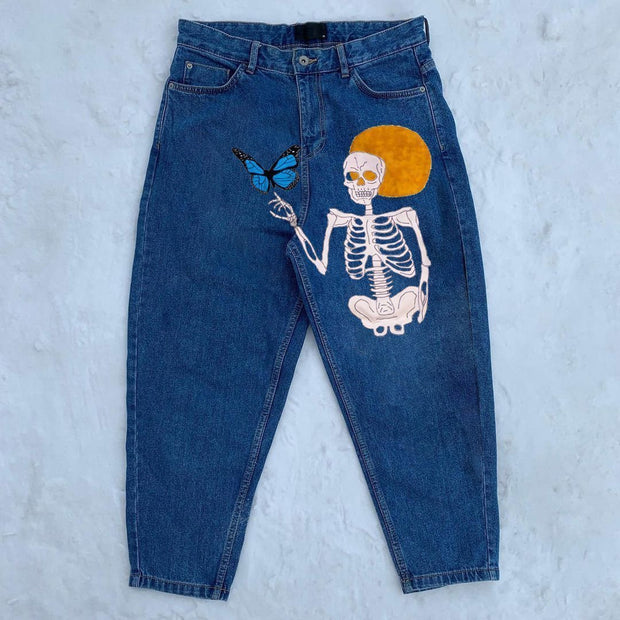 Hip-hop street style skull print casual denim trousers
