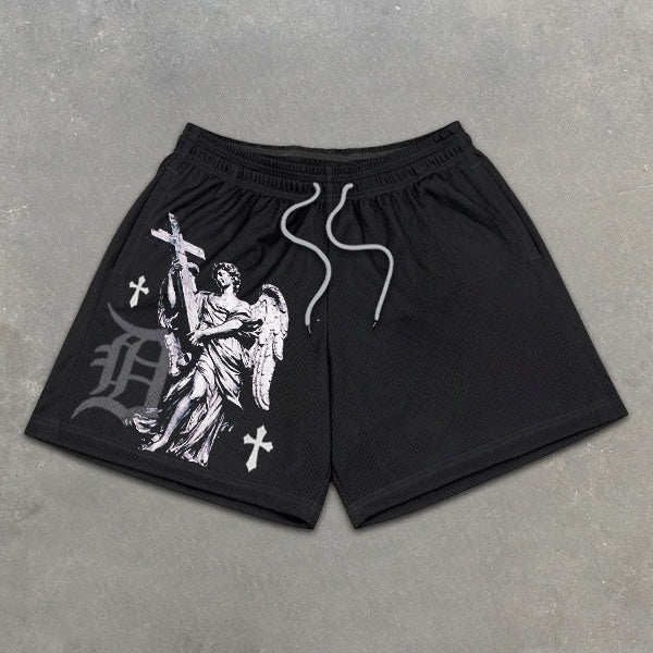 Cross Statue Graphic Print Elastic Shorts