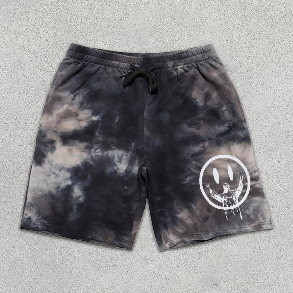Smiley Graphic Print Tie Dye Shorts