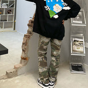 High street camouflage destruction design overalls street hole old washed loose straight denim trousers tide