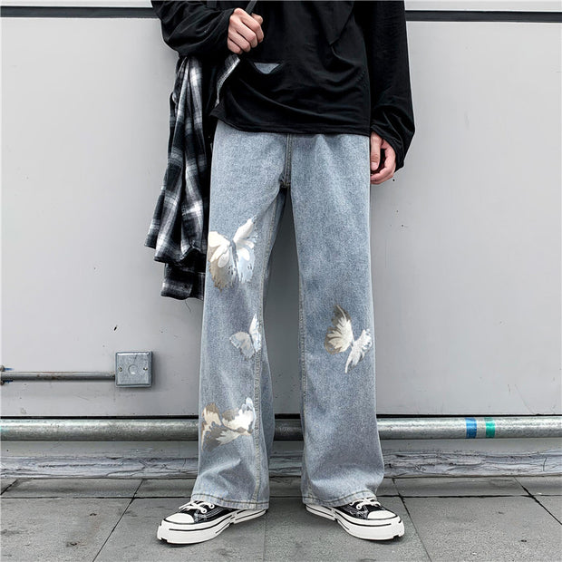 Casual hip-hop butterfly print street shot denim trousers