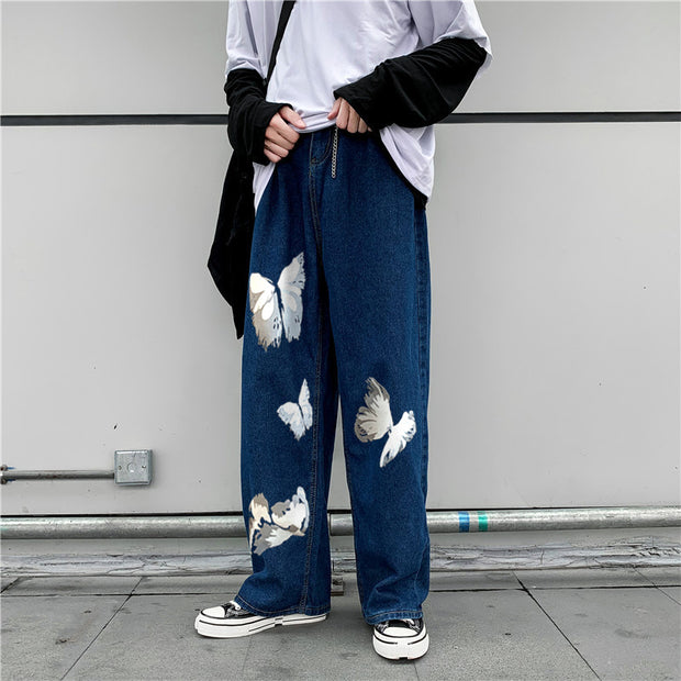 Casual hip-hop butterfly print street shot denim trousers