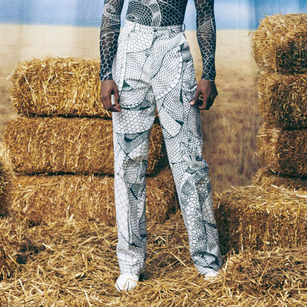 Fashion texture printing loose straight wide leg pants trousers