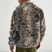 Retro cat print polar fleece jacket
